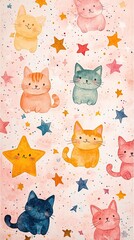Watercolor illustration of cute cats and stars on pink background.