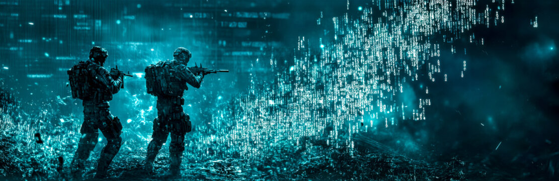Soldiers fighting against binary code in digital world