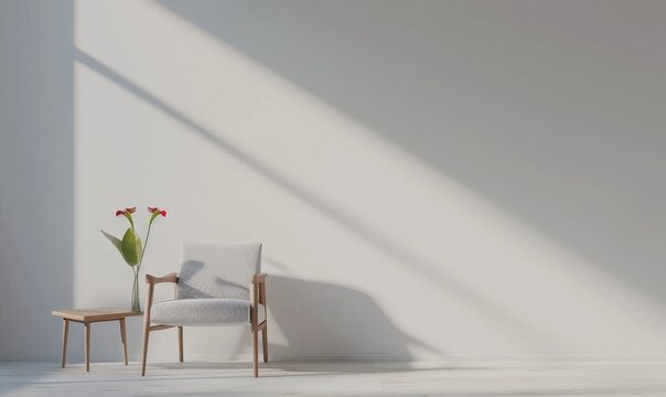 Minimalist living room with a single chair. side table. and a vase of flowers The light shines through the window