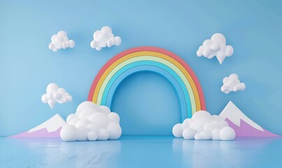 A 3D rendering of a rainbow arch. fluffy clouds. and pastel mountains against a light blue background
