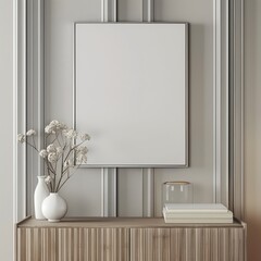 Minimalist interior design mockup with a blank canvas frame. vases with dried flowers. and books on a wooden cabinet against a grey wall with vertical lines