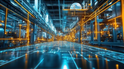 Fototapeta premium Futuristic industrial setting with glowing circuitry and technology.
