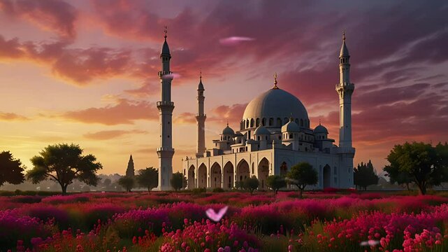 A luxurious and magnificent mosque building on the edge of a flower field. Seamless 4K looping timelapse video animation background