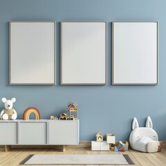 Three blank canvas frames in a blue wall with toys and a cabinet in a child s bedroom