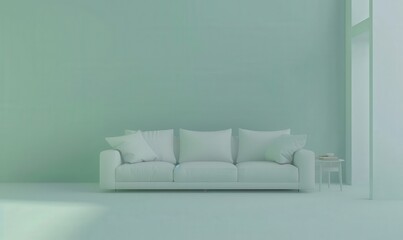 Minimalist living room with a white couch. a small table. and a large window