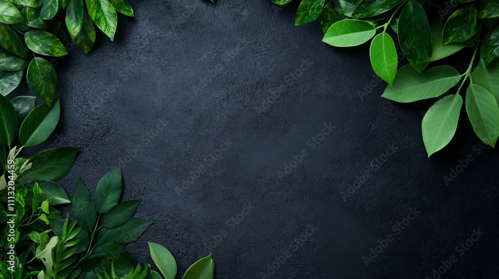 Poster green leaves bordering dark textured background creating copy space