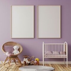 Two empty picture frames on a purple wall in a nursery room with a rocking chair. a crib. and toys