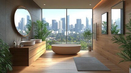 Fototapeta premium Modern City View Bathroom With Wooden Accents And Plants