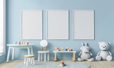 Three blank picture frames in a light blue room with a toy table. chairs. and stuffed animals