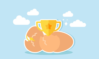 A trophy emerging from an eggshell, illustration of achievement in business for becoming the best company