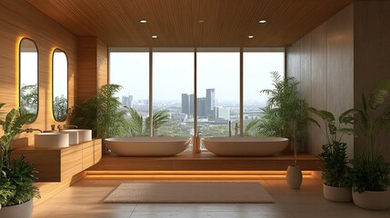 Fototapeta premium Modern minimalist bathroom features double soaking tubs and city view