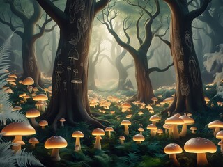 Enchanted Forest Path Glowing Mushrooms Tree Carvings