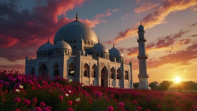 A luxurious and magnificent mosque building on the edge of a flower field. Seamless 4K looping timelapse video animation background
