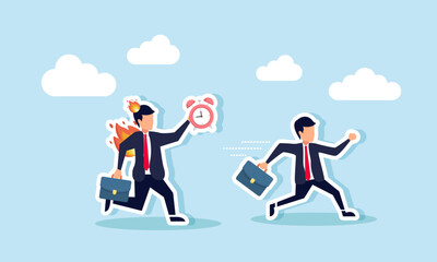 A businessman running to avoid a chasing businessman on fire carrying an alarm clock, illustration of being pursued by business work deadlines