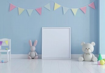 Blank white frame in a light blue kids room with colorful decorations and stuffed toys