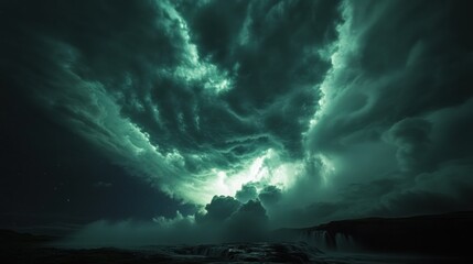 Fototapeta premium Dramatic night sky illuminated by vibrant clouds and ethereal light.