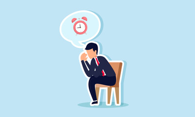 A businessman sitting on a chair feeling sad with a thought bubble of an alarm clock, illustration of strategizing an efficient and effective timeline or schedule