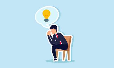 A businessman sitting on a chair feeling sad with a thought bubble of a lamp, illustration of reflecting on business ideas and innovations