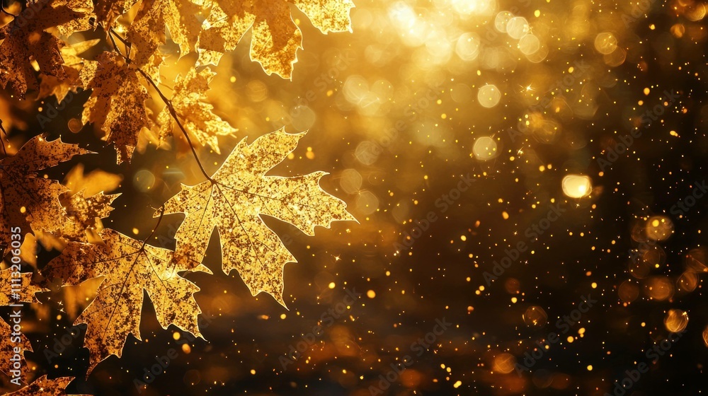 Poster golden autumn leaves shimmering in sunlight with bokeh effect, creating a warm and inviting atmosphe