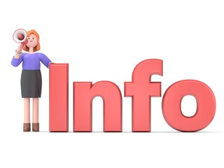 Naklejka premium 3D illustration of European businesswoman Ellen with a megaphone and word -Info .Mockup 3d character illustration.3D rendering on white background.