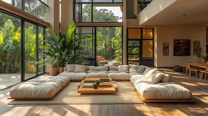 Modern, spacious, light-filled living room with large windows showcasing a lush garden.  