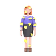 3D illustration of European businesswoman Ellen with a yellow paper. Multitasking. Post it.Mockup 3d character illustration.3D rendering on white background.