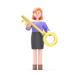 3D illustration of European businesswoman Ellenn with dollar - key. Banker.Mockup 3d character illustration.3D rendering on white background.