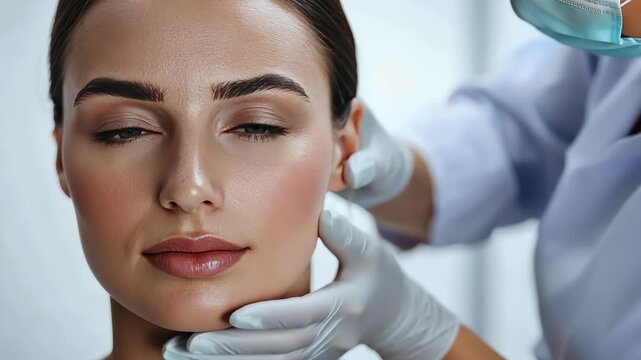 plastic surgery, beauty, Surgeon or beautician touching woman face, surgical procedure that involve altering shape of face, doctor injection to prepare for rhinoplasty, medical assistance, health