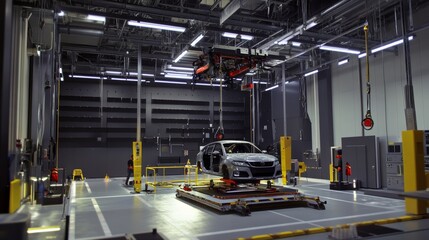 A dynamic automotive crash test facility with test dummies and engineers analyzing vehicle safety performance, Crash test facility scene, Safety-focused and analytical style