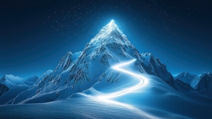 A glowing mountain peak illuminated under a starry night sky, with a winding path leading up.
