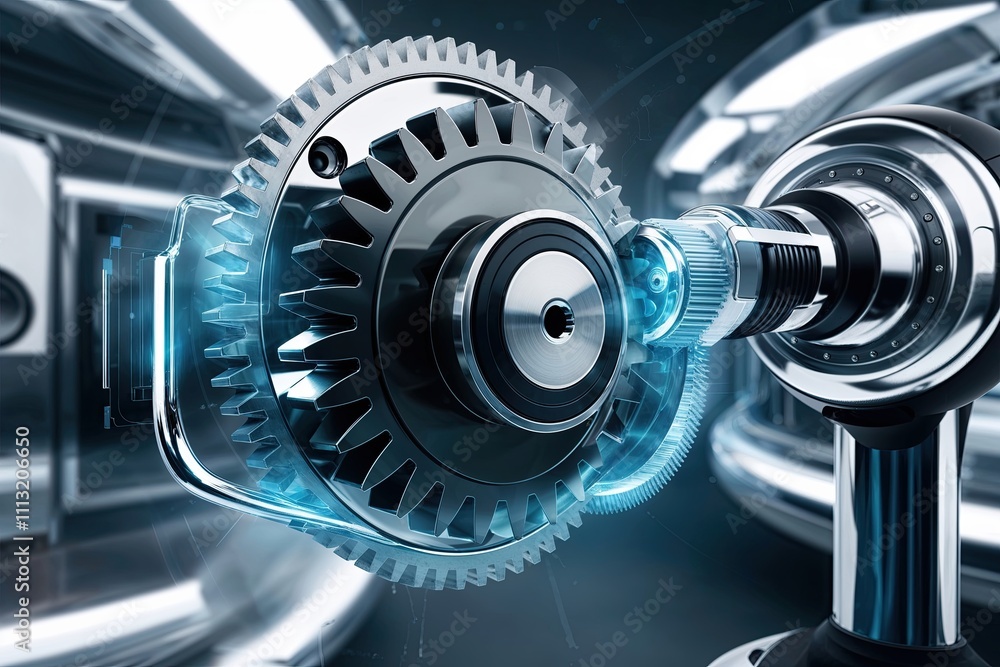 Poster high-tech engineering visualization of gear cross-section on robotic interface featuring chrome and 