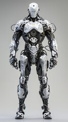 Cybernetic Sentinel: A futuristic, humanoid robot stands stoic and powerful, its sleek white and black exoskeleton radiating a blend of technological prowess and enigmatic mystique.