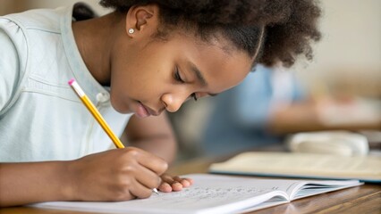 Focused child writing in notebook during homework time at home