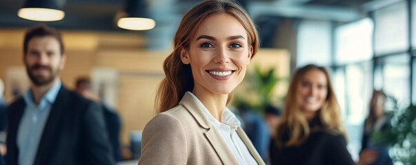 Portrait of smiling businesswoman with team in modern office