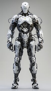 Cybernetic Sentinel: A futuristic, humanoid robot stands stoic and powerful, its sleek white and black exoskeleton radiating a blend of technological prowess and enigmatic mystique.