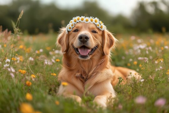 Happy golden retriever wears daisy chain. Dog relaxing in wildflowers. Springtime scene. Ideal for springtime event poster or wallpaper. Cute pet in nature. Spring flowers. Beautiful photo of animal.