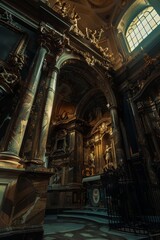 Ornate Church Interior: Awe-inspiring view of an opulent church chapel, showcasing intricate details, marble columns, golden accents, and dramatic lighting.