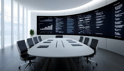 modern conference room featuring large oval table surrounded by black chairs. walls are adorned with interactive digital displays showcasing data visualizations and inventory control dashboards,
