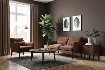 Fototapeta premium Scandinavian Brown Furniture Design Featuring Fiddle Leaf Fig in 3D Visualization