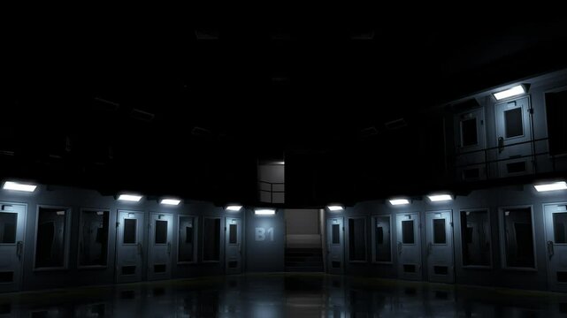 Maximum security prison. Lights turning on sequentialy in maximum security penitentiary. 3d rendering. Seamless loop.
