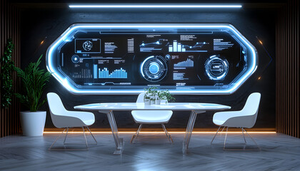 modern conference room featuring sleek table, white chairs, and high tech dashboard displaying interactive data visualizations. ambiance is futuristic and professional