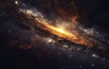 Cosmic Inferno: A breathtaking view of a vibrant, swirling galaxy, ablaze with fiery hues and cosmic dust.  The image evokes a sense of awe and wonder at the vastness of space.