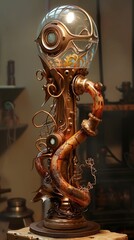 Obraz premium Steampunk Orb: A mesmerizing fusion of steampunk aesthetics and futuristic design. This intricate, handcrafted orb, encased in a glass sphere.