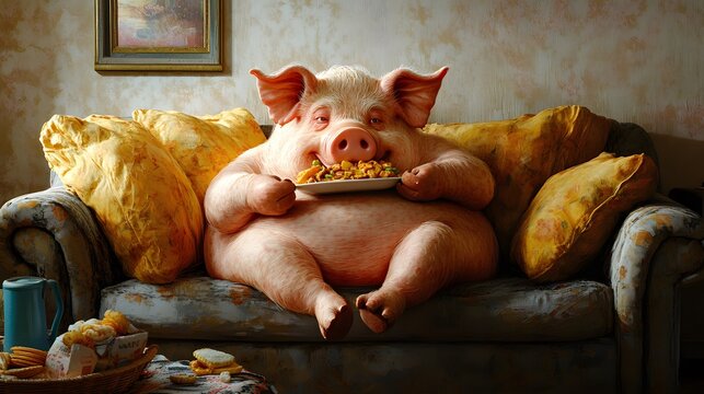 A big white-headed pig was eating junk food on the sofa