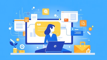 Businessman working on laptop, illustrated with vector icons of people, technology, and communication tools