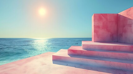 Fototapeta premium Pink concrete staircase overlooking tranquil ocean at sunset