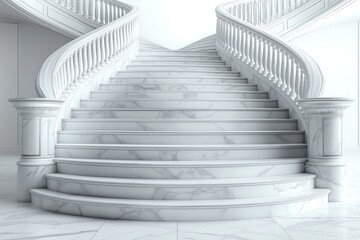 Fototapeta premium Classic white marble staircase in grand interior. Elegant design with curved railings, pillars. Luxury, sophisticated ambiance. Architectural style evokes opulence, timeless beauty. Modern generative