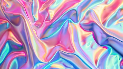 Fototapeta premium Colorful iridescent fabric texture with soft, flowing waves, creating a dreamlike and vibrant backdrop. Perfect for backgrounds and abstract designs.