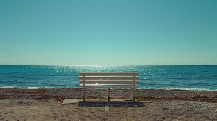 White bench overlooking sparkling turquoise ocean on sunny day