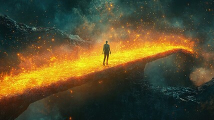 Obraz premium A solitary figure stands on a glowing lava path amidst a cosmic landscape.